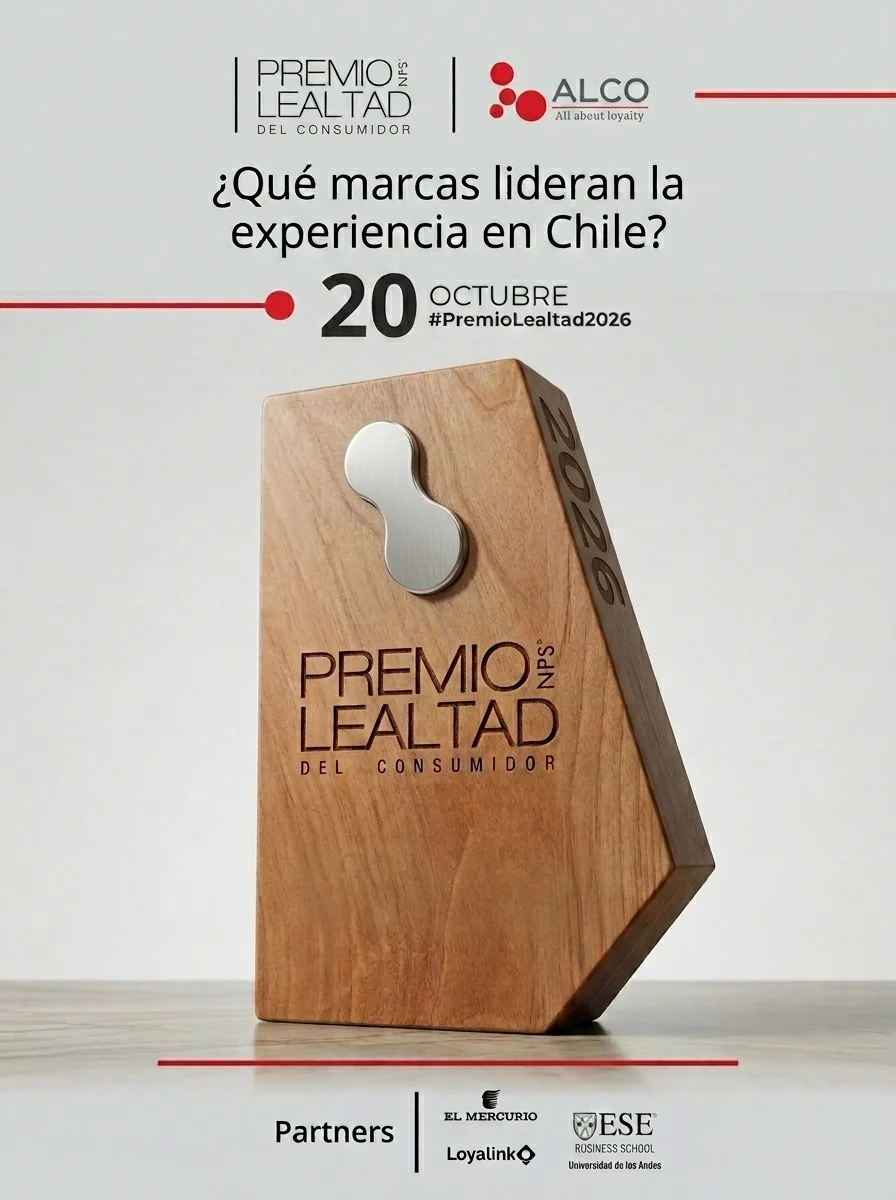 Afiche oficial del Premio Lealtad del Consumidor 2026: «¿Qué marcas lideran la experiencia en Chile? 20 de octubre, #PremioLealtad2026», sobre el galvano de madera. Partners: El Mercurio, Loyalink y ESE Business School.