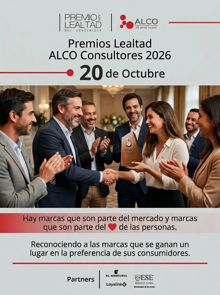 Afiche oficial de los Premios Lealtad ALCO Consultores 2026, 20 de octubre: una ejecutiva recibe el galvano entre aplausos. «Hay marcas que son parte del mercado y marcas que son parte del corazón de las personas. Reconociendo a las marcas que se ganan un lugar en la preferencia de sus consumidores.»